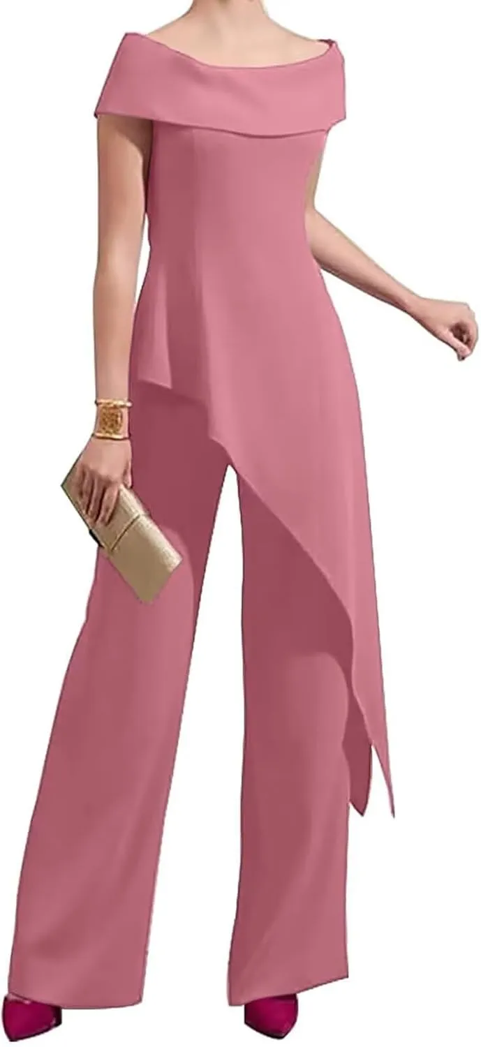 2 Pieces Chiffon Mother of The Bride Pant Suits for Wedding Off Shoulder Long Pantsuits for Women Formal Outfits