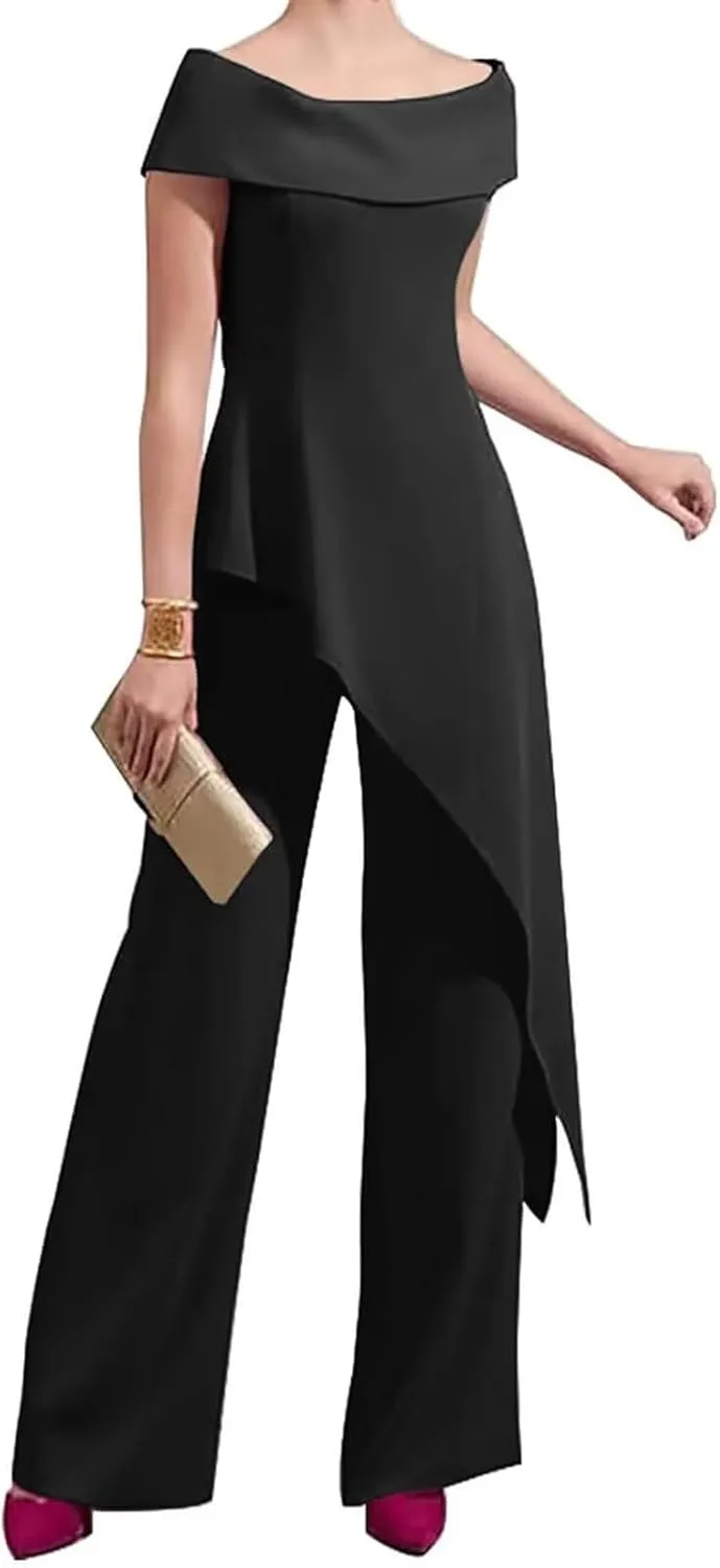 2 Pieces Chiffon Mother of The Bride Pant Suits for Wedding Off Shoulder Long Pantsuits for Women Formal Outfits