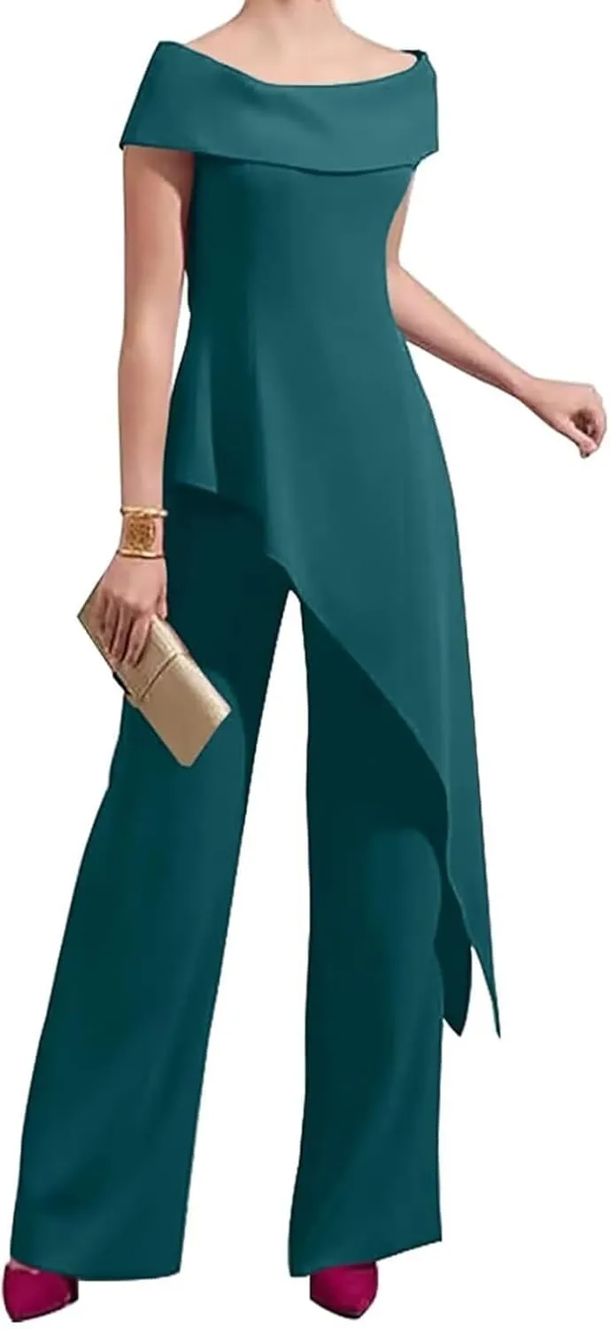 2 Pieces Chiffon Mother of The Bride Pant Suits for Wedding Off Shoulder Long Pantsuits for Women Formal Outfits