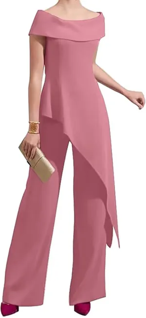 2 Pieces Chiffon Mother of The Bride Pant Suits for Wedding Off Shoulder Long Pantsuits for Women Formal Outfits