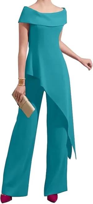 2 Pieces Chiffon Mother of The Bride Pant Suits for Wedding Off Shoulder Long Pantsuits for Women Formal Outfits
