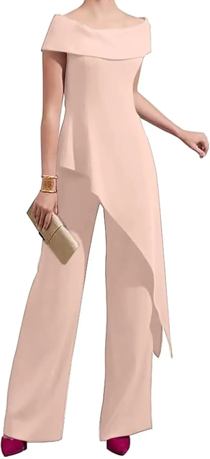 2 Pieces Chiffon Mother of The Bride Pant Suits for Wedding Off Shoulder Long Pantsuits for Women Formal Outfits