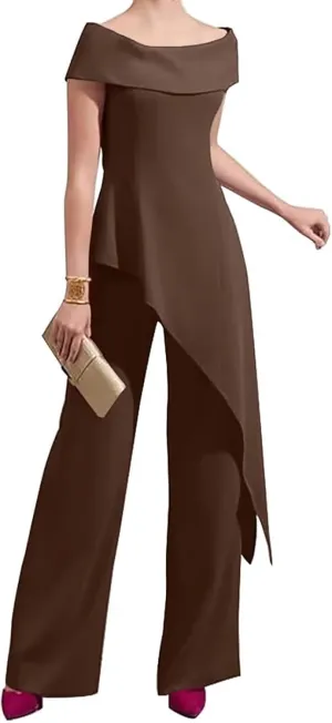 2 Pieces Chiffon Mother of The Bride Pant Suits for Wedding Off Shoulder Long Pantsuits for Women Formal Outfits