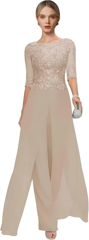 2 Pieces Mother of The Bride Pant Suits for Wedding Lace Chiffon Pantsuit for Women Dressy Casual