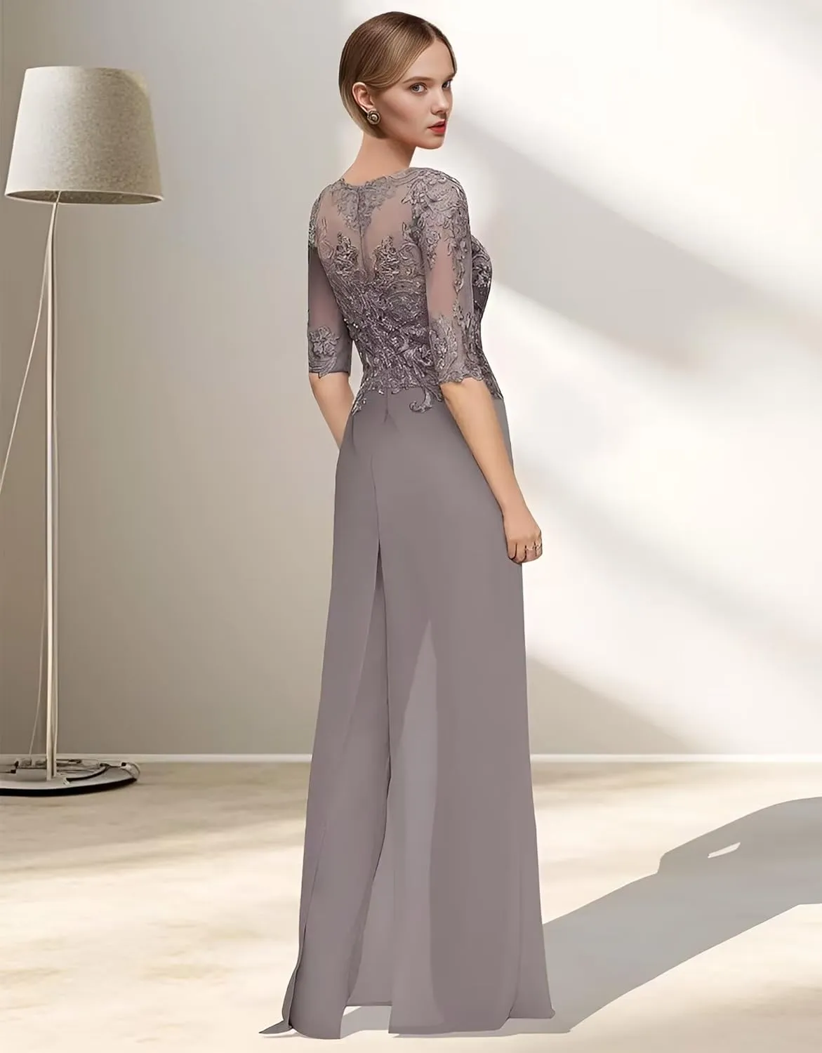 2 Pieces Mother of The Bride Pant Suits for Wedding Lace Chiffon Pantsuit for Women Dressy Casual