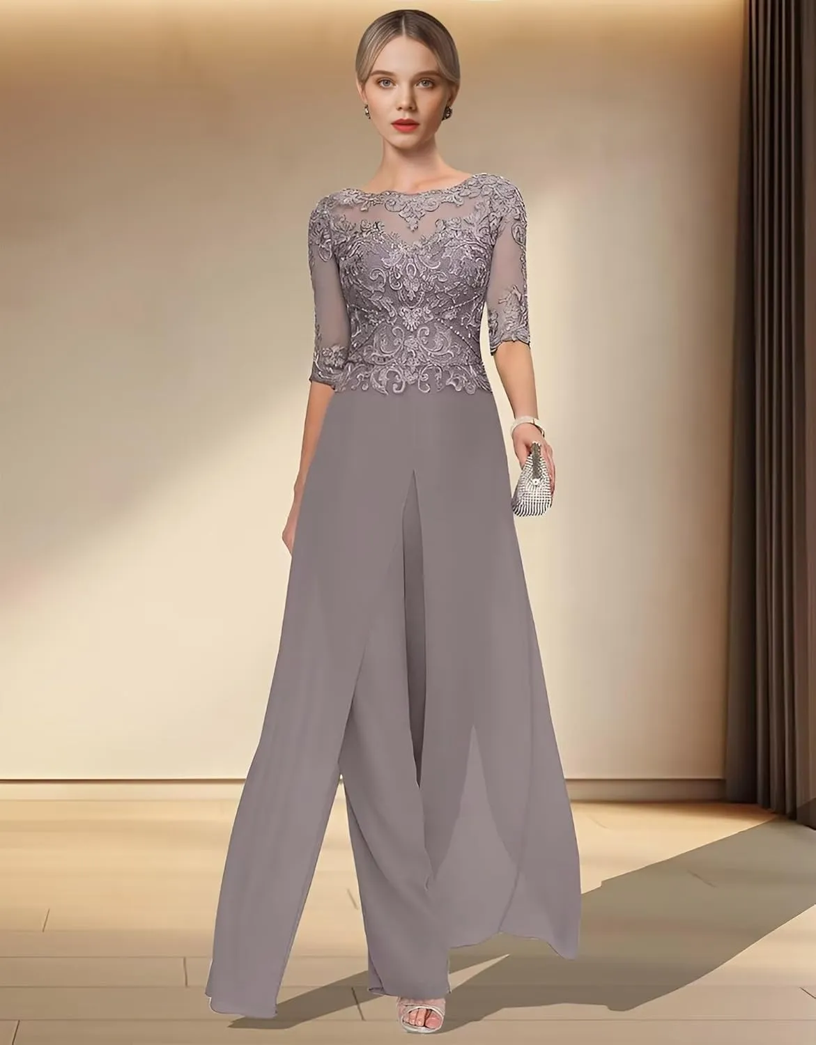 2 Pieces Mother of The Bride Pant Suits for Wedding Lace Chiffon Pantsuit for Women Dressy Casual