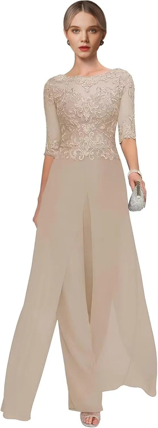 2 Pieces Mother of The Bride Pant Suits for Wedding Lace Chiffon Pantsuit for Women Dressy Casual