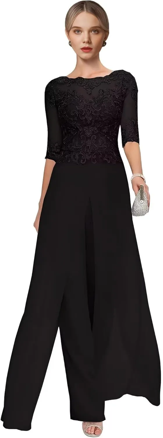 2 Pieces Mother of The Bride Pant Suits for Wedding Lace Chiffon Pantsuit for Women Dressy Casual