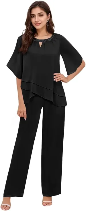 2 Pieces Mother of The Bride Pant Suits for Women Dressy Chiffon Pant Suits for Women Dressy Wedding Guest