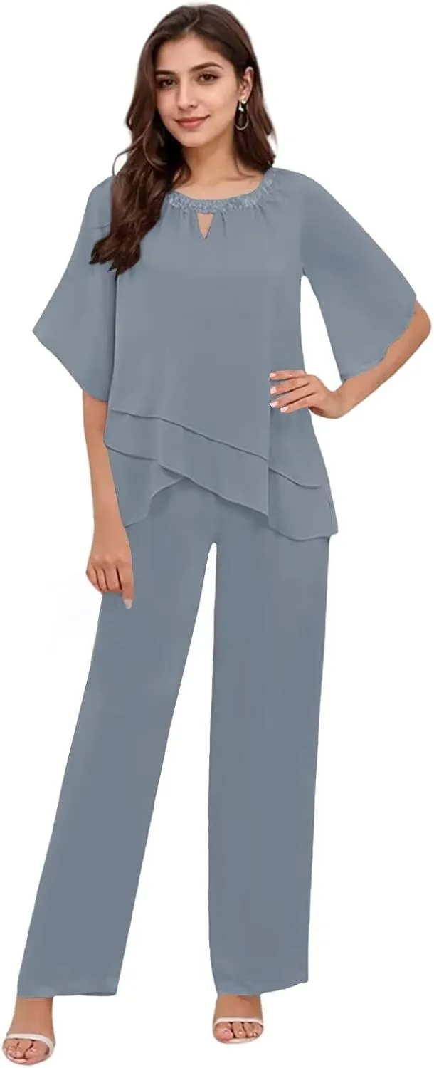 2 Pieces Mother of The Bride Pant Suits for Women Dressy Chiffon Pant Suits for Women Dressy Wedding Guest