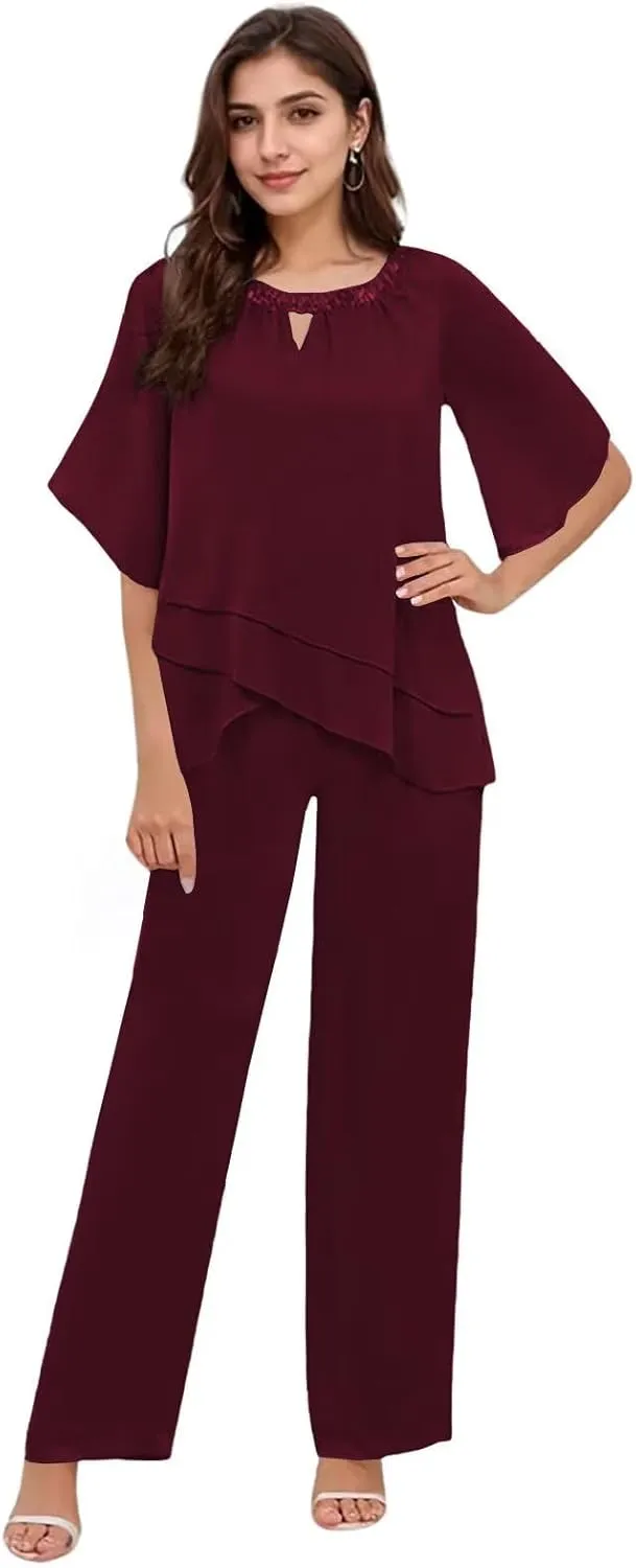2 Pieces Mother of The Bride Pant Suits for Women Dressy Chiffon Pant Suits for Women Dressy Wedding Guest