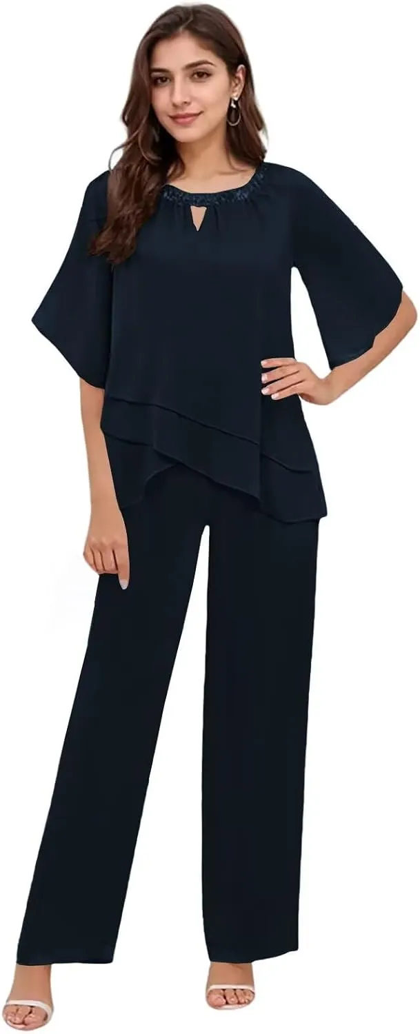 2 Pieces Mother of The Bride Pant Suits for Women Dressy Chiffon Pant Suits for Women Dressy Wedding Guest
