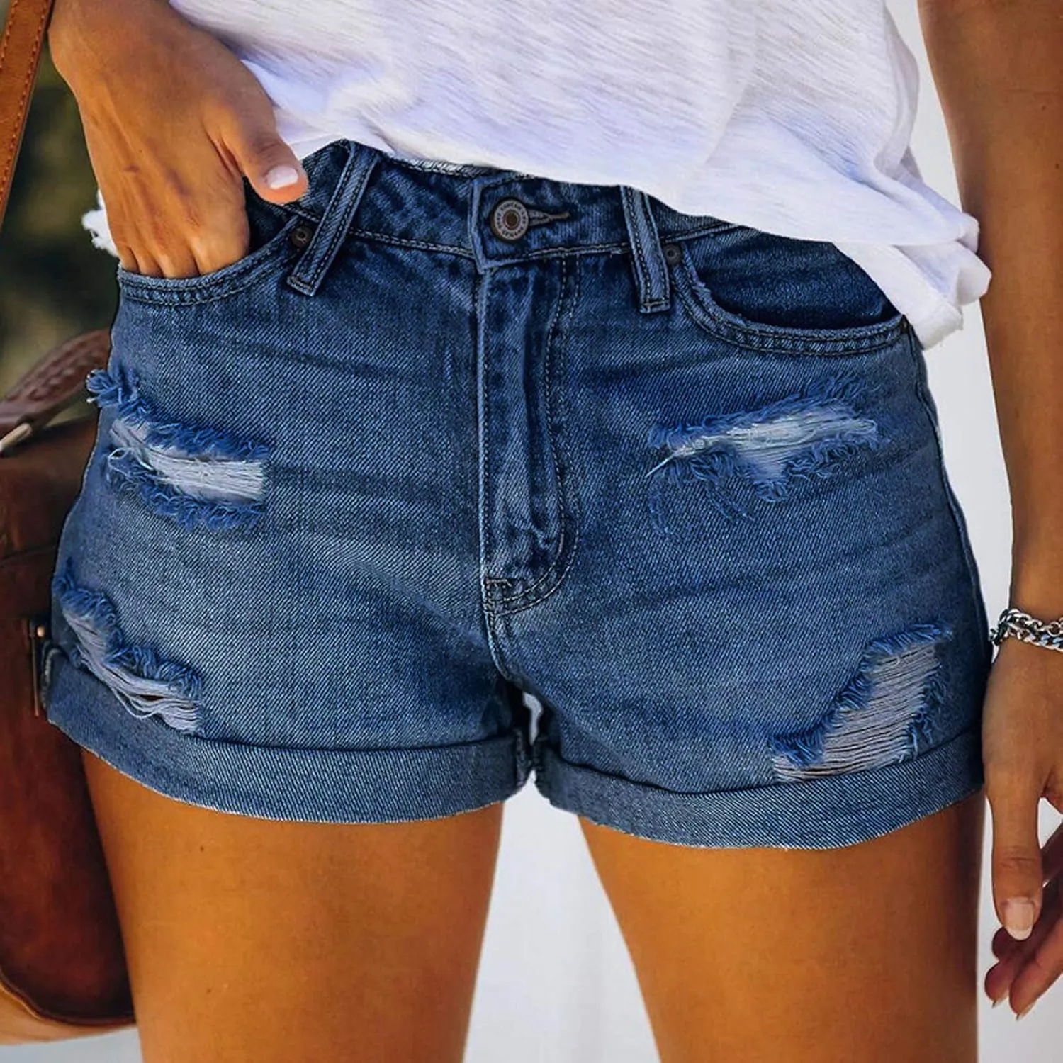 2024 Women's Jean Shorts Casual High Waisted Ripped Elastic Denim Cuffed Hem Shorts Summer Trendy Hole Short Pants Female