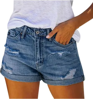 2024 Women's Jean Shorts Casual High Waisted Ripped Elastic Denim Cuffed Hem Shorts Summer Trendy Hole Short Pants Female
