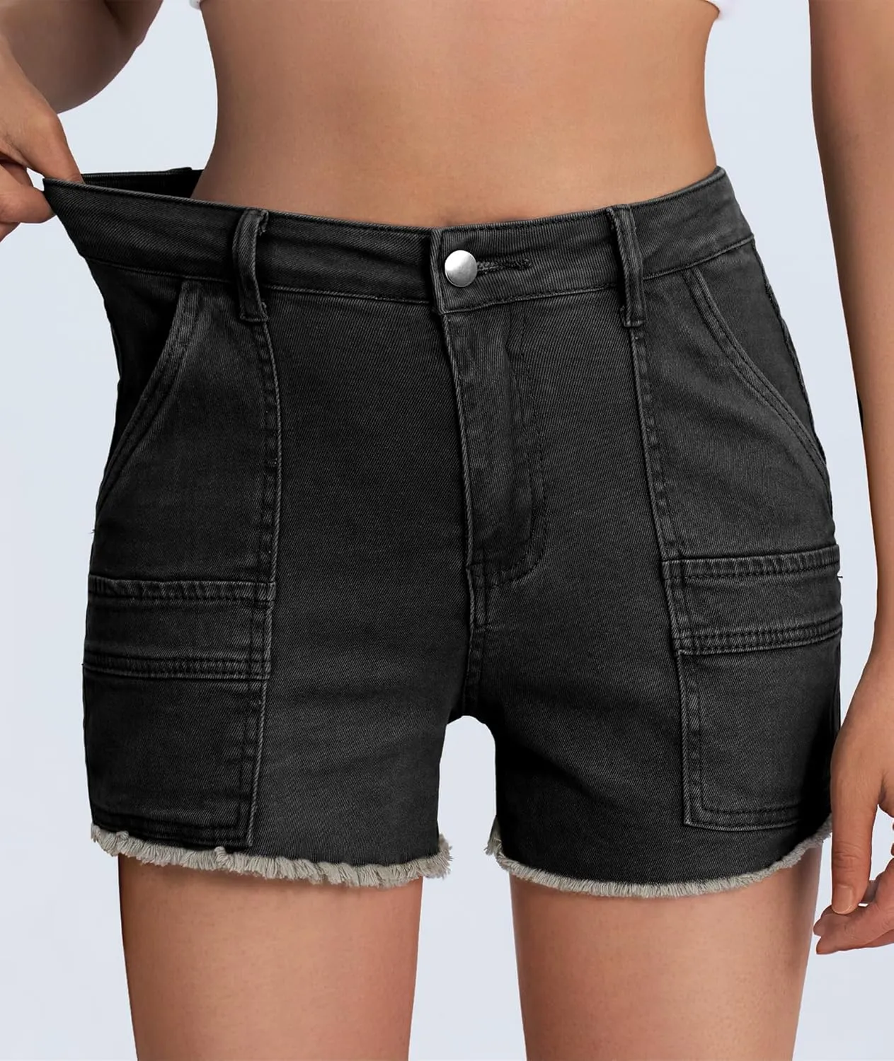 2025 Women's Stretchy Cargo Denim Shorts Mid Rise Jean Shorts Raw Hem Jorts with Pockets Short Jeans 3.5" Inseam