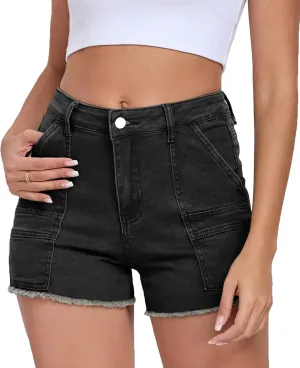 2025 Women's Stretchy Cargo Denim Shorts Mid Rise Jean Shorts Raw Hem Jorts with Pockets Short Jeans 3.5" Inseam
