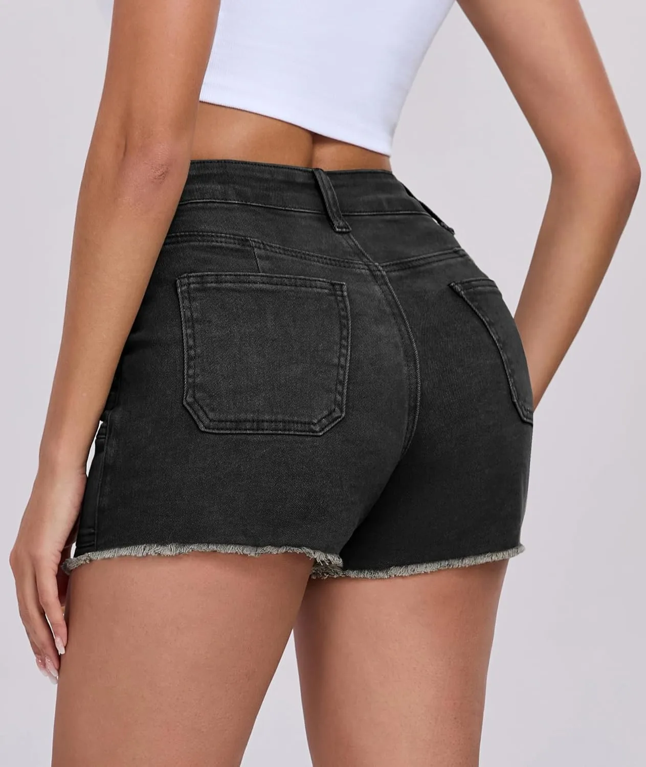 2025 Women's Stretchy Cargo Denim Shorts Mid Rise Jean Shorts Raw Hem Jorts with Pockets Short Jeans 3.5" Inseam