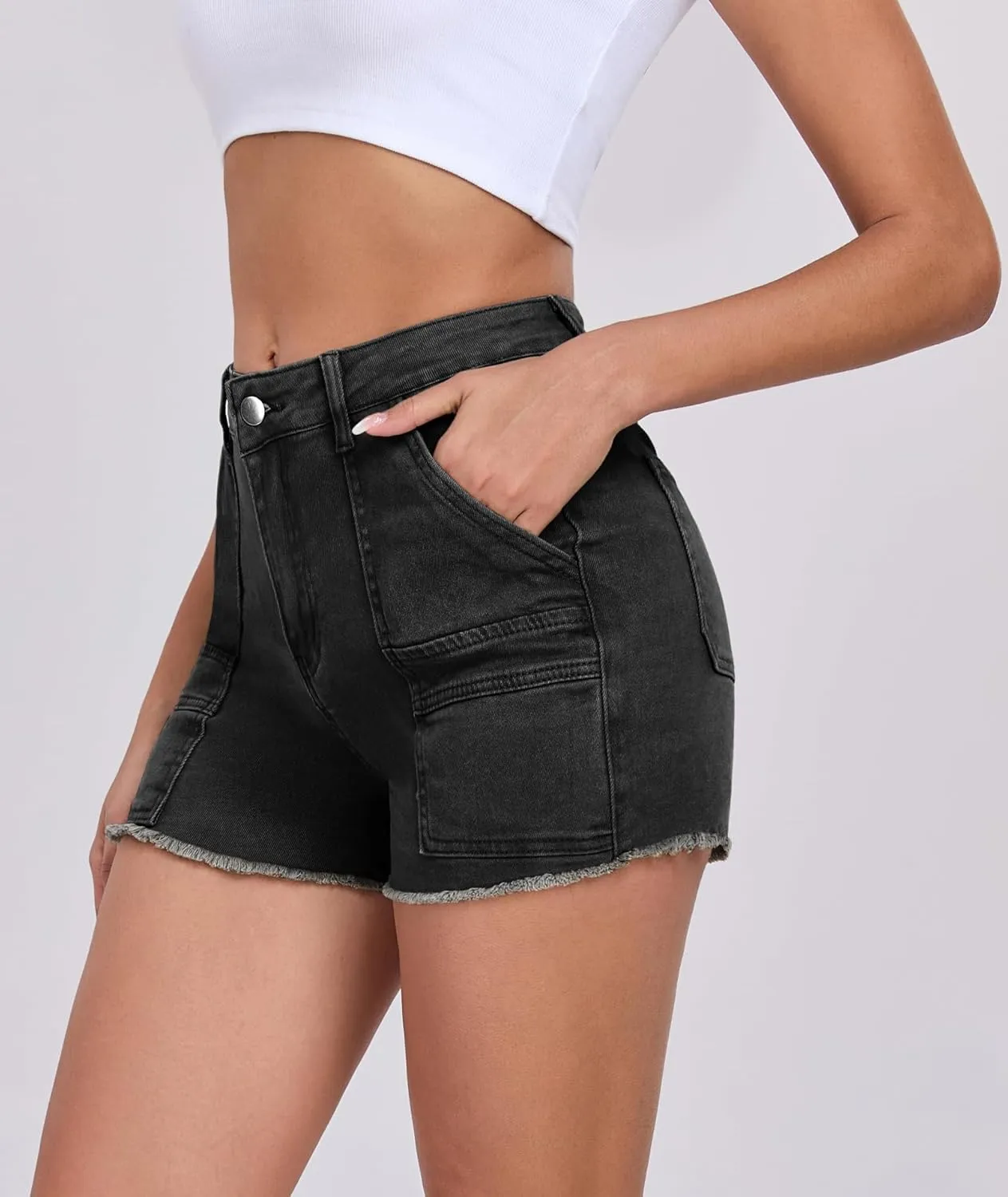 2025 Women's Stretchy Cargo Denim Shorts Mid Rise Jean Shorts Raw Hem Jorts with Pockets Short Jeans 3.5" Inseam