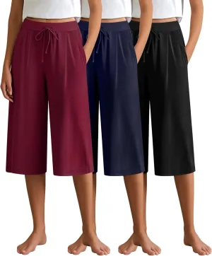 3 Pack Women's Capri Pants, Casual Wide Leg Yoga Pants High Waist Drawstring Cropped Lounge Trousers with Pockets