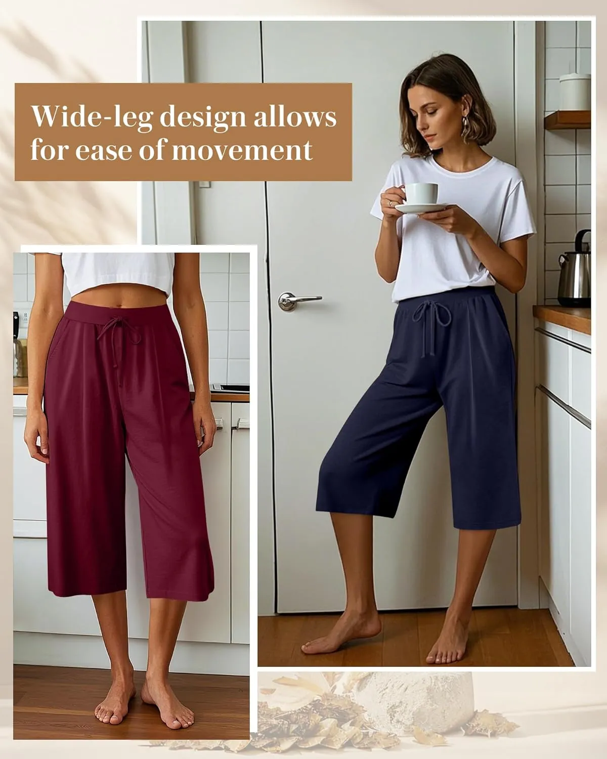 3 Pack Women's Capri Pants, Casual Wide Leg Yoga Pants High Waist Drawstring Cropped Lounge Trousers with Pockets