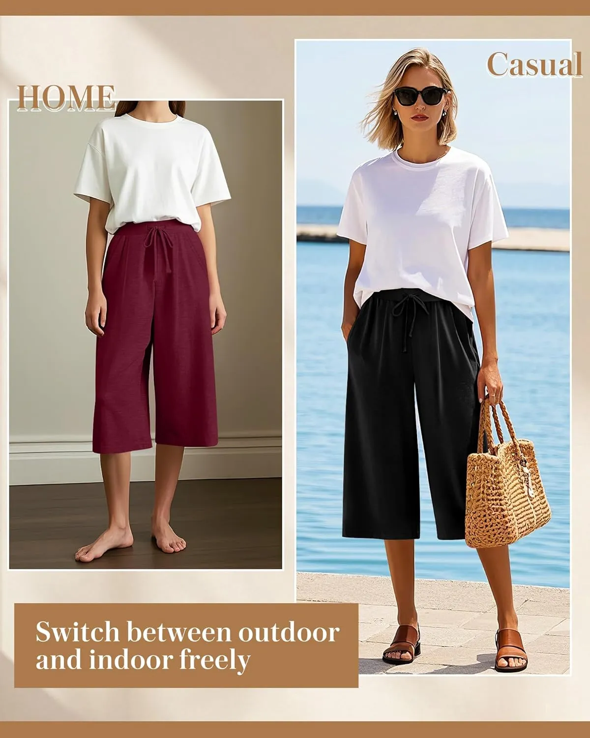 3 Pack Women's Capri Pants, Casual Wide Leg Yoga Pants High Waist Drawstring Cropped Lounge Trousers with Pockets
