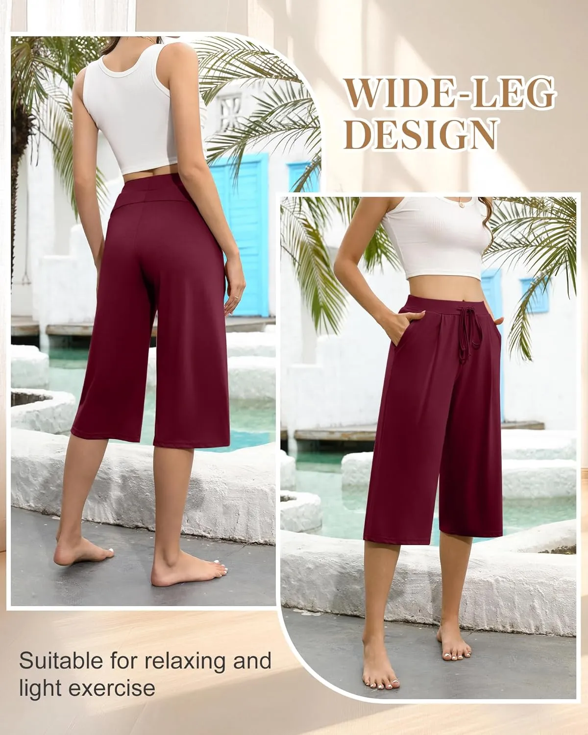 3 Pack Women's Capri Pants, Casual Wide Leg Yoga Pants High Waist Drawstring Cropped Lounge Trousers with Pockets