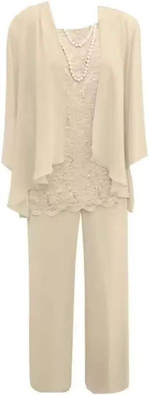 3 Piece Mother of The Bride Pant Suits for Wedding Chiffon Lace Long Sleeve Formal Evening Party Gown with Jacket