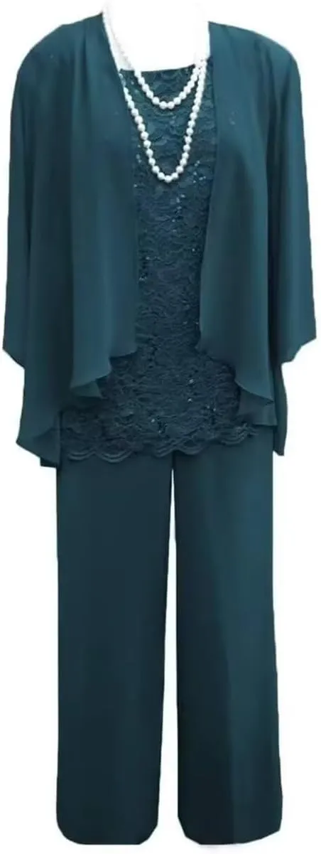 3 Piece Mother of The Bride Pant Suits for Wedding Chiffon Lace Long Sleeve Formal Evening Party Gown with Jacket