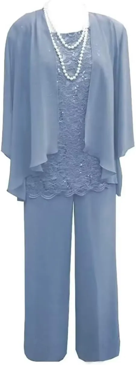 3 Piece Mother of The Bride Pant Suits for Wedding Chiffon Lace Long Sleeve Formal Evening Party Gown with Jacket