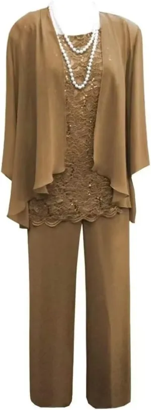 3 Piece Mother of The Bride Pant Suits for Wedding Chiffon Lace Long Sleeve Formal Evening Party Gown with Jacket