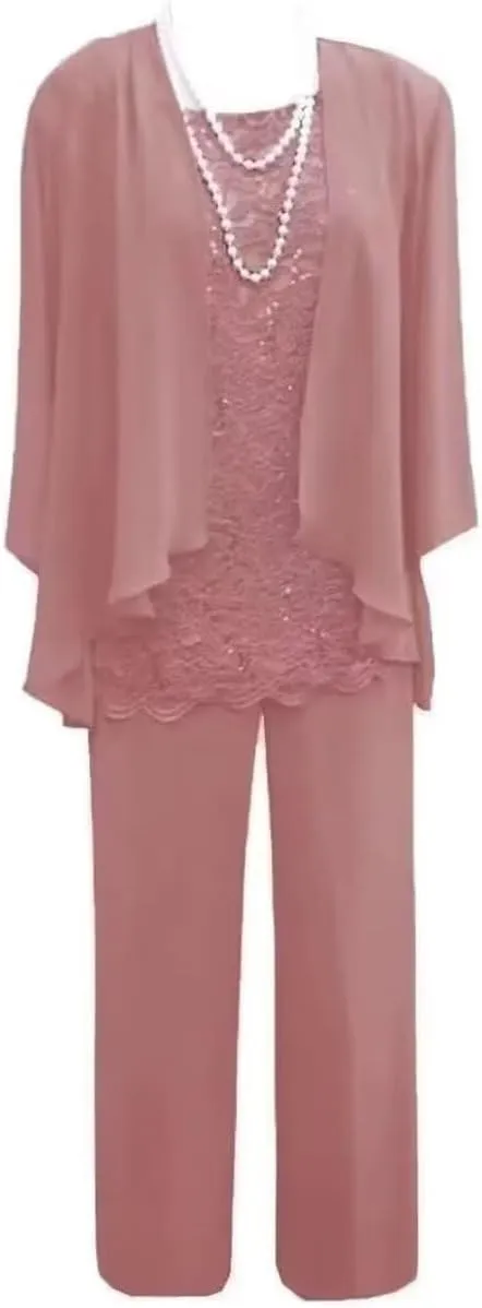3 Piece Mother of The Bride Pant Suits for Wedding Chiffon Lace Long Sleeve Formal Evening Party Gown with Jacket