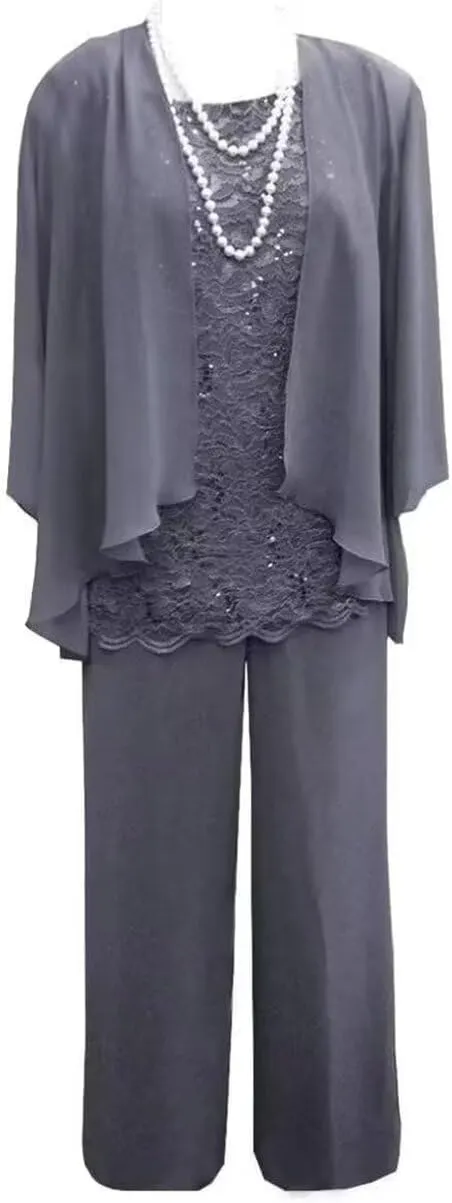 3 Piece Mother of The Bride Pant Suits for Wedding Chiffon Lace Long Sleeve Formal Evening Party Gown with Jacket