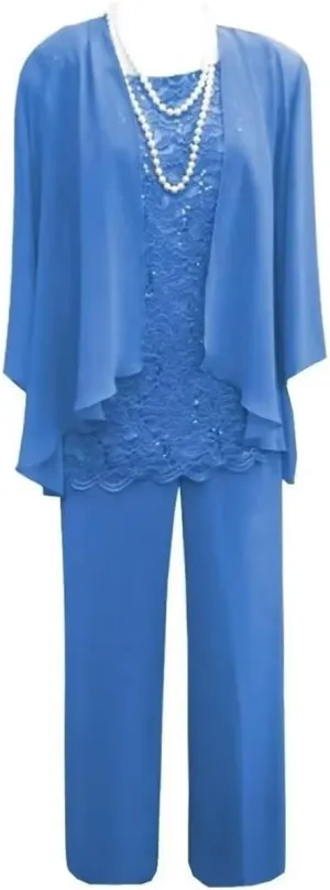 3 Piece Mother of The Bride Pant Suits for Wedding Chiffon Lace Long Sleeve Formal Evening Party Gown with Jacket