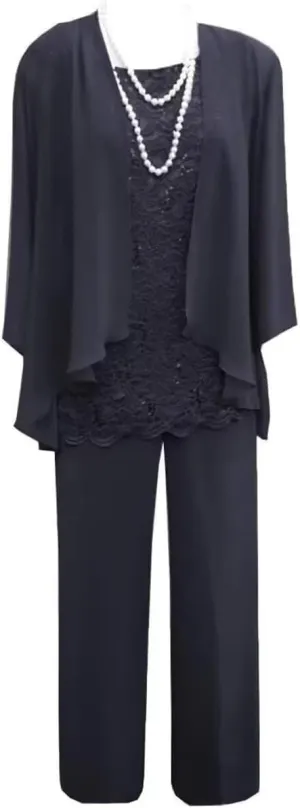 3 Piece Mother of The Bride Pant Suits for Wedding Chiffon Lace Long Sleeve Formal Evening Party Gown with Jacket
