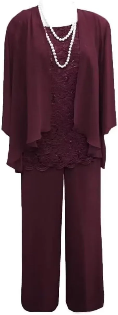 3 Piece Mother of The Bride Pant Suits for Wedding Chiffon Lace Long Sleeve Formal Evening Party Gown with Jacket