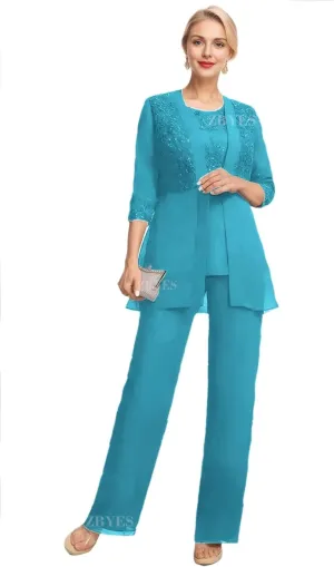 3 Piece Pant Suits for Women Wedding 3/4 Sleeve Chiffon Sequin Lace Applique Mother of The Bride Pantsuits with Jackets