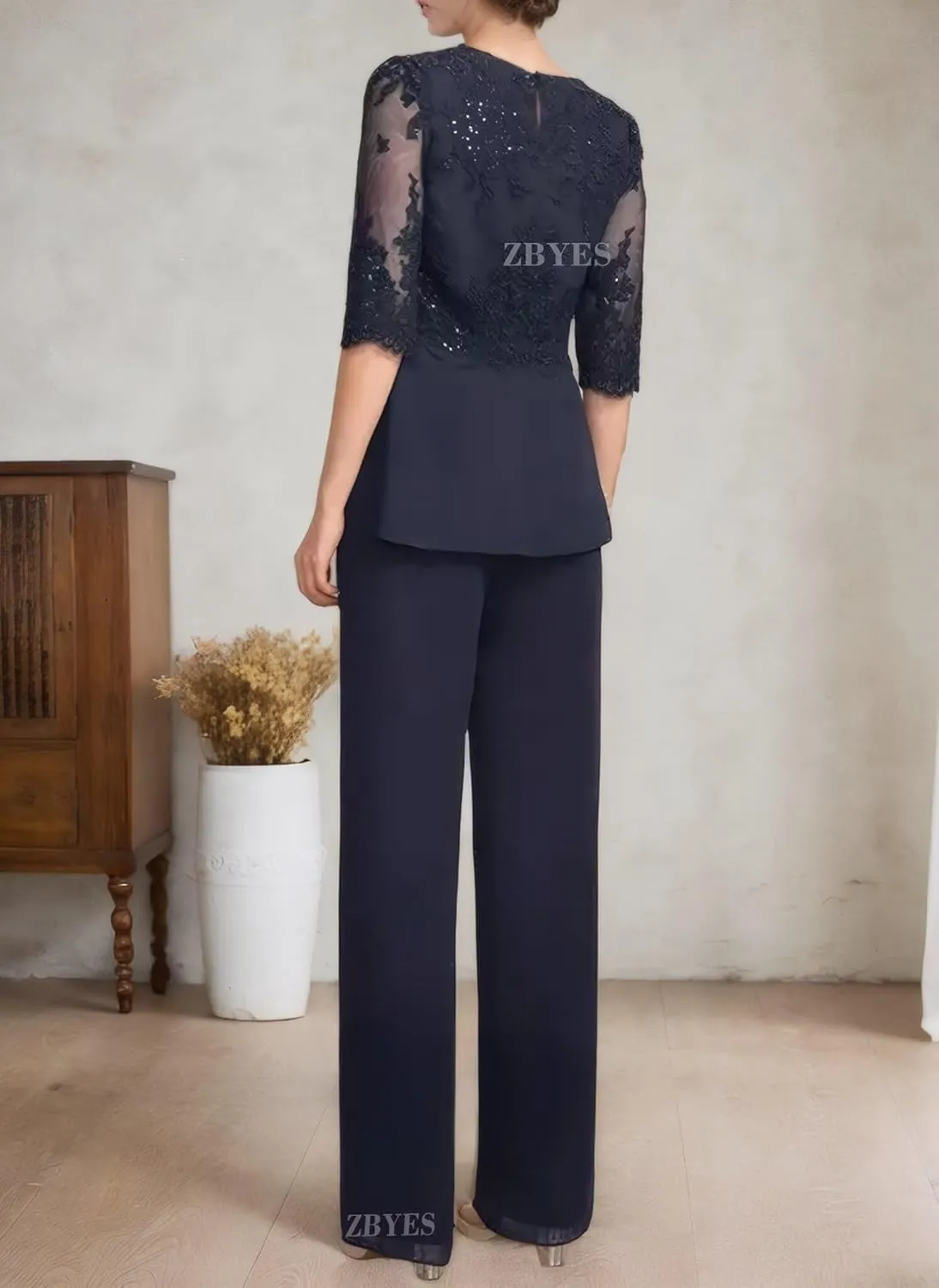 3 Piece Pant Suits for Women Wedding 3/4 Sleeve Chiffon Sequin Lace Applique Mother of The Bride Pantsuits with Jackets