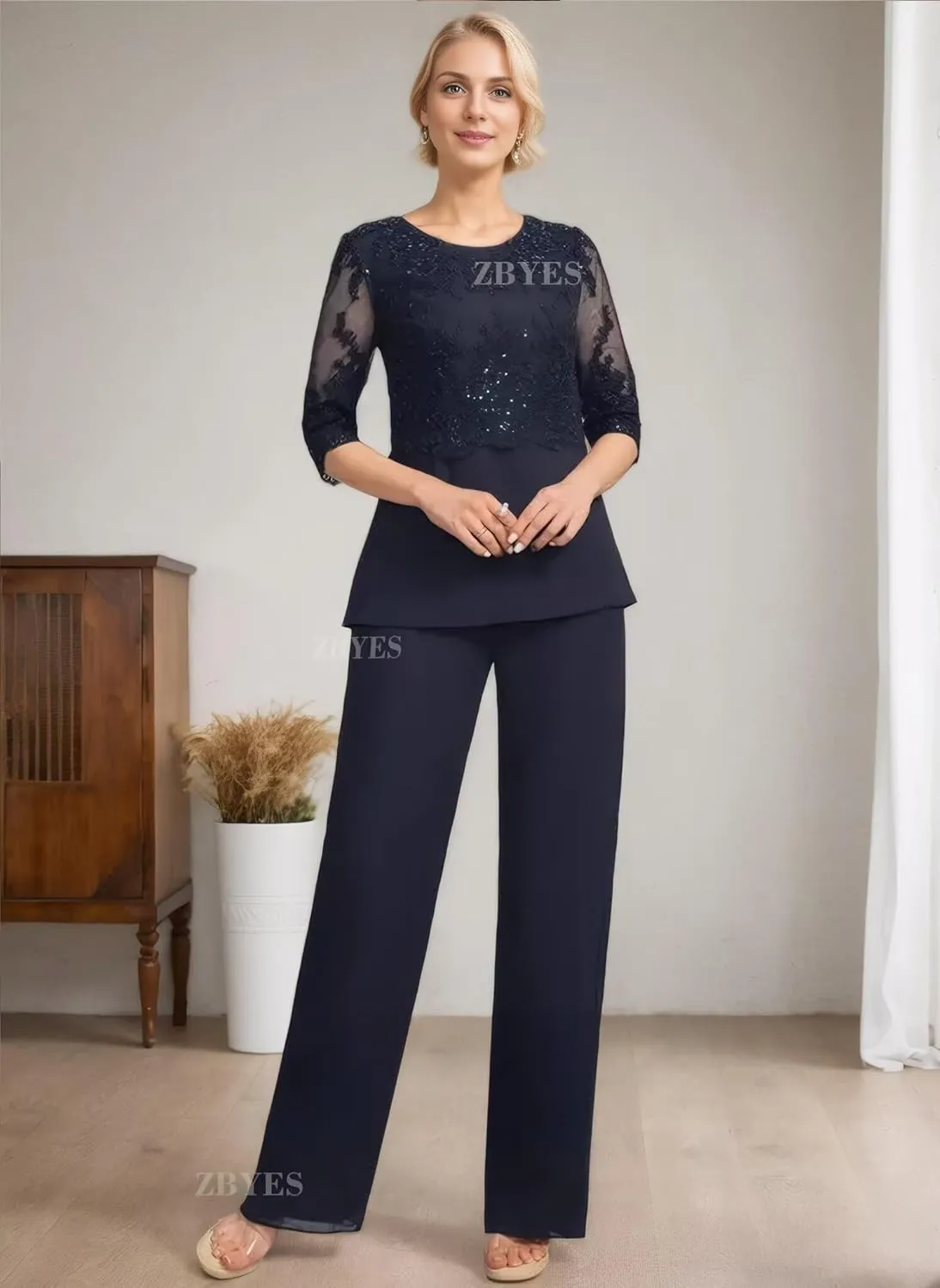 3 Piece Pant Suits for Women Wedding 3/4 Sleeve Chiffon Sequin Lace Applique Mother of The Bride Pantsuits with Jackets