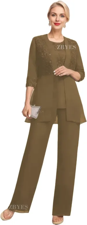 3 Piece Pant Suits for Women Wedding 3/4 Sleeve Chiffon Sequin Lace Applique Mother of The Bride Pantsuits with Jackets