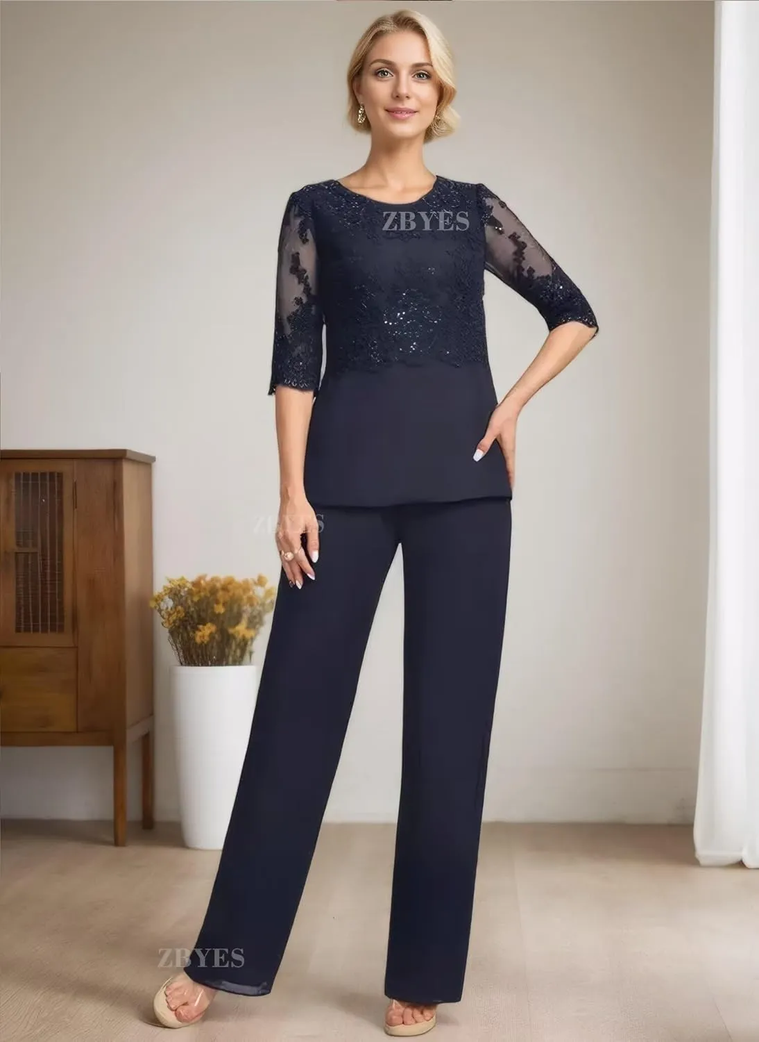 3 Piece Pant Suits for Women Wedding 3/4 Sleeve Chiffon Sequin Lace Applique Mother of The Bride Pantsuits with Jackets