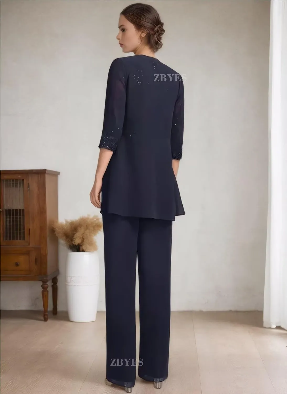 3 Piece Pant Suits for Women Wedding 3/4 Sleeve Chiffon Sequin Lace Applique Mother of The Bride Pantsuits with Jackets