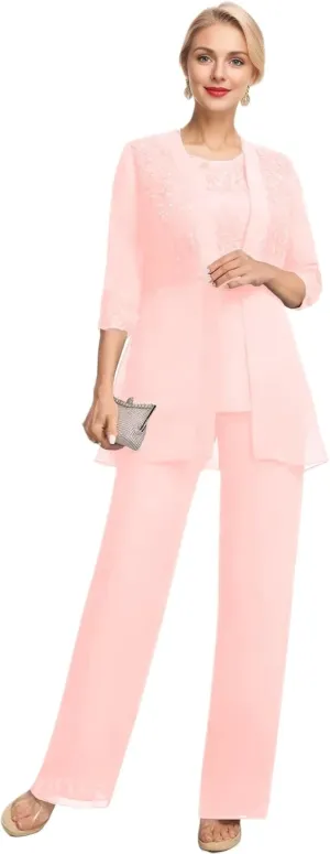 3 Piece Pant Suits for Women Wedding 3/4 Sleeve Chiffon Sequin Lace Applique Mother of The Bride Pantsuits with Jackets