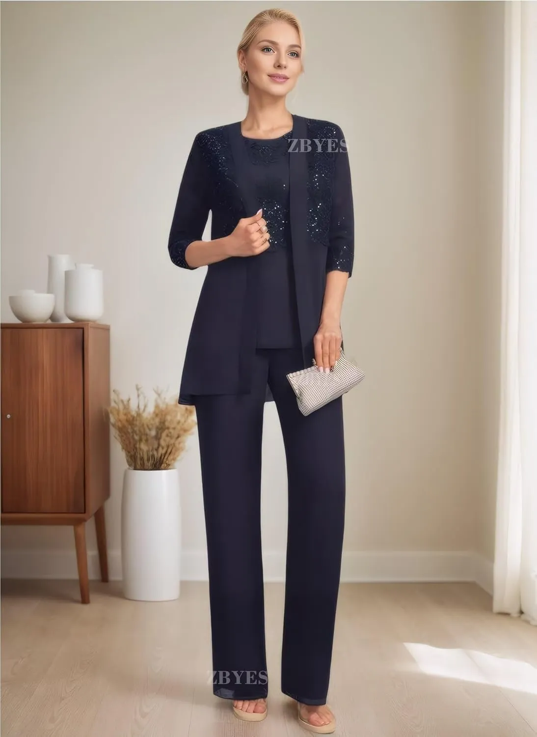 3 Piece Pant Suits for Women Wedding 3/4 Sleeve Chiffon Sequin Lace Applique Mother of The Bride Pantsuits with Jackets