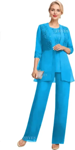 3 Piece Pant Suits for Women Wedding 3/4 Sleeve Chiffon Sequin Lace Applique Mother of The Bride Pantsuits with Jackets