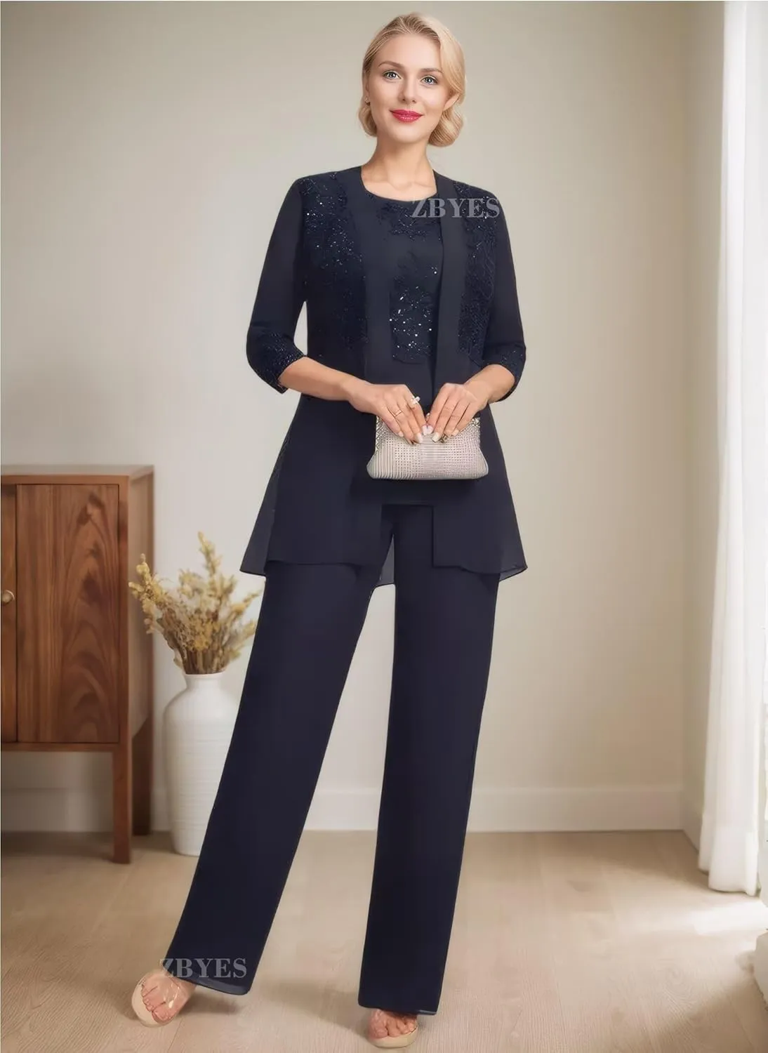 3 Piece Pant Suits for Women Wedding 3/4 Sleeve Chiffon Sequin Lace Applique Mother of The Bride Pantsuits with Jackets