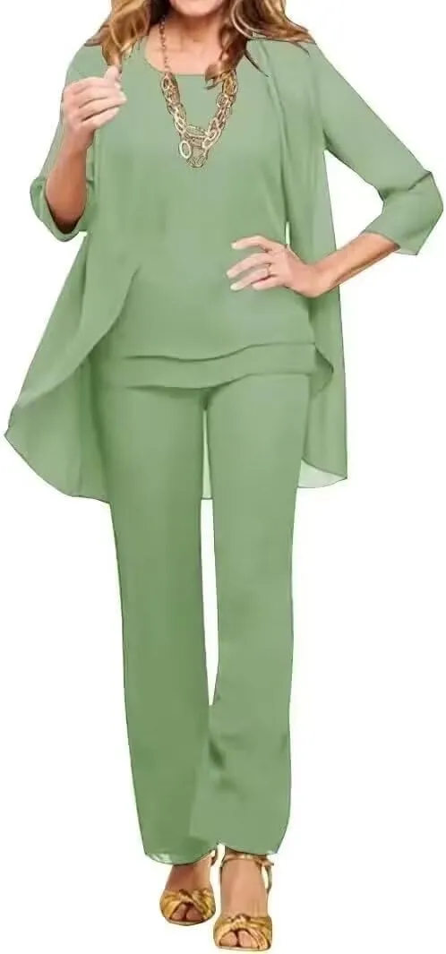 3 Pieces Mother of The Bride Pant Suits for Wedding Chiffon Pant Suits for Women Dressy Formal Outfit Sets