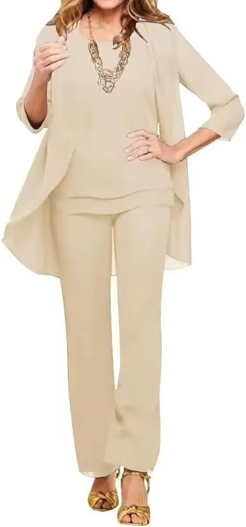 3 Pieces Mother of The Bride Pant Suits for Wedding Chiffon Pant Suits for Women Dressy Formal Outfit Sets