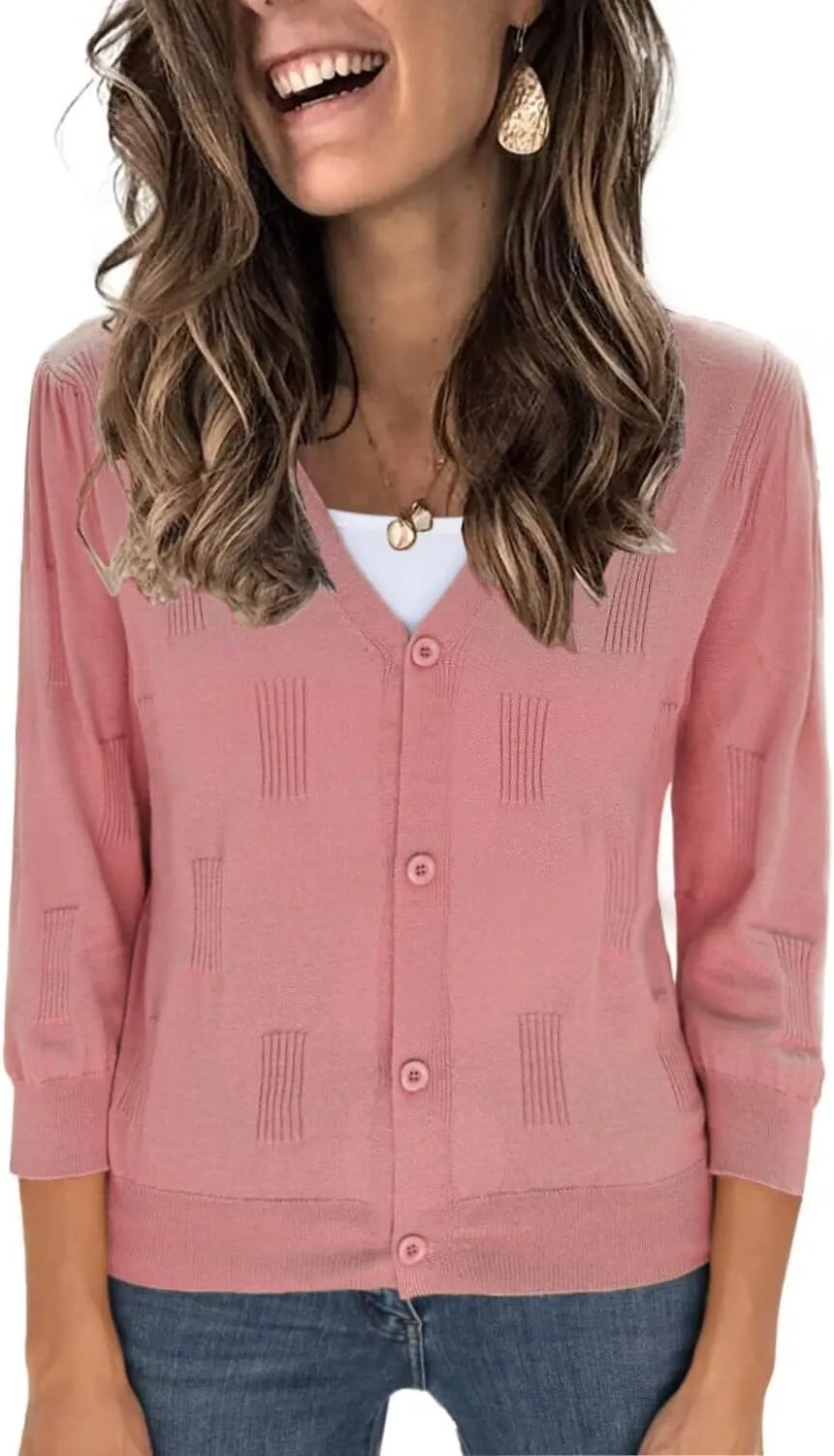 3/4 Sleeve Cardigan for Women Lightweight Summer Cardigan Open Front Cropped Shrugs Knit Sweater Tops