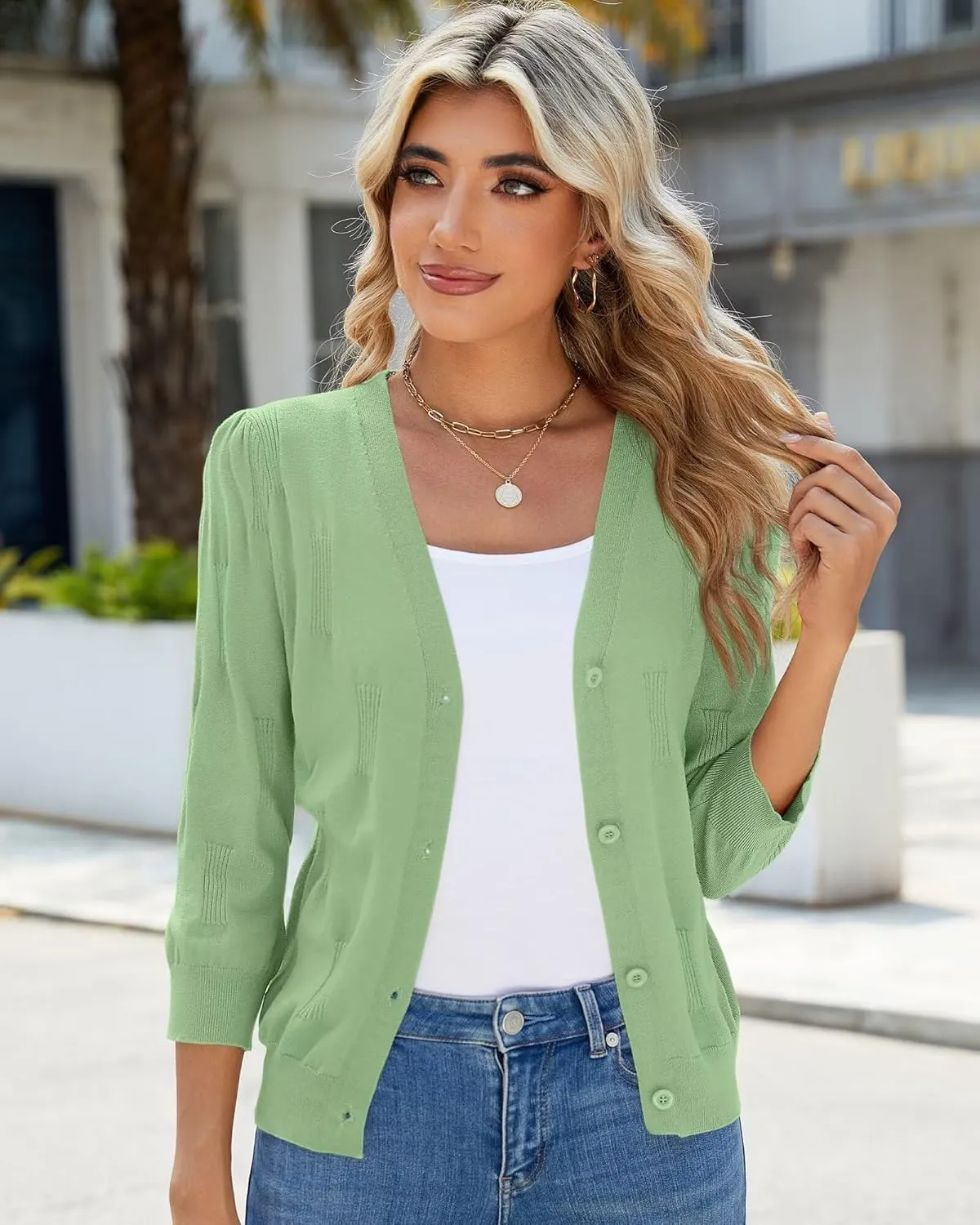 3/4 Sleeve Cardigan for Women Lightweight Summer Cardigan Open Front Cropped Shrugs Knit Sweater Tops