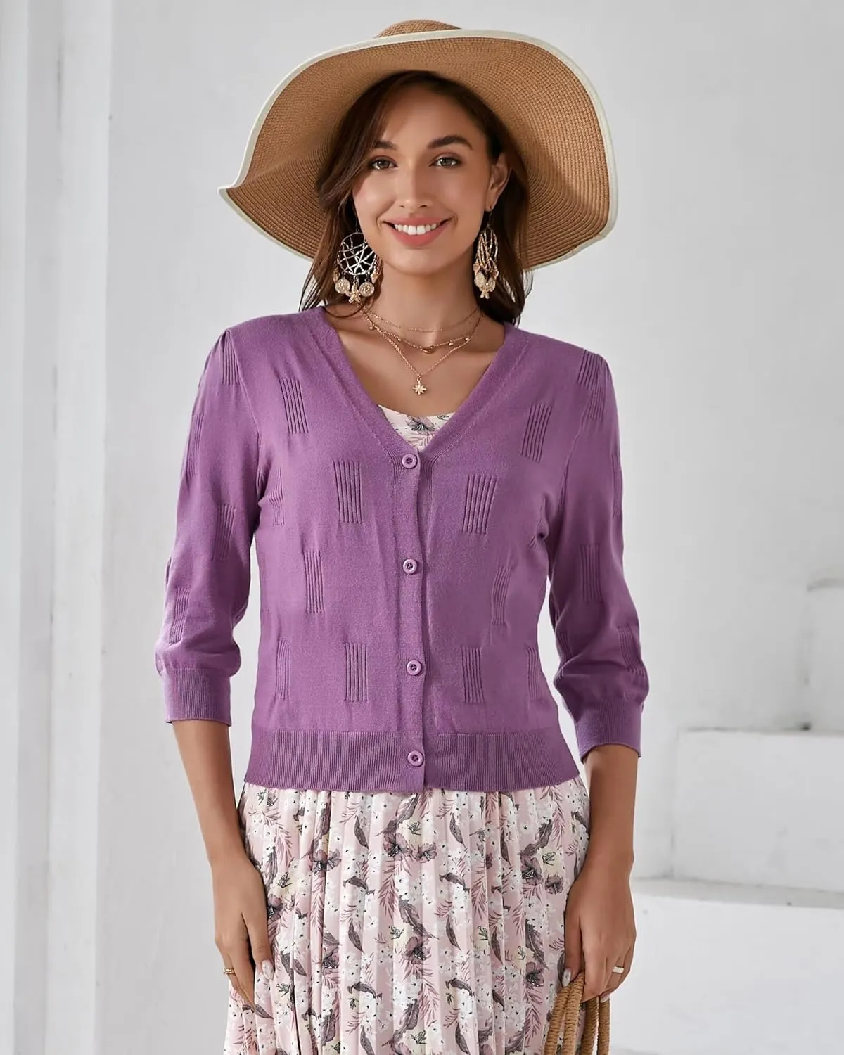 3/4 Sleeve Cardigan for Women Lightweight Summer Cardigan Open Front Cropped Shrugs Knit Sweater Tops